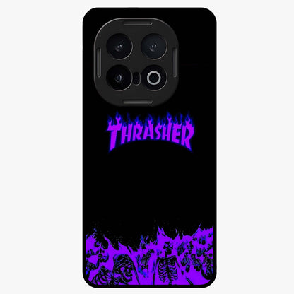 Neon Flame Riot Glass Case showing flat back view with neon flame artwork and glossy glass finish.