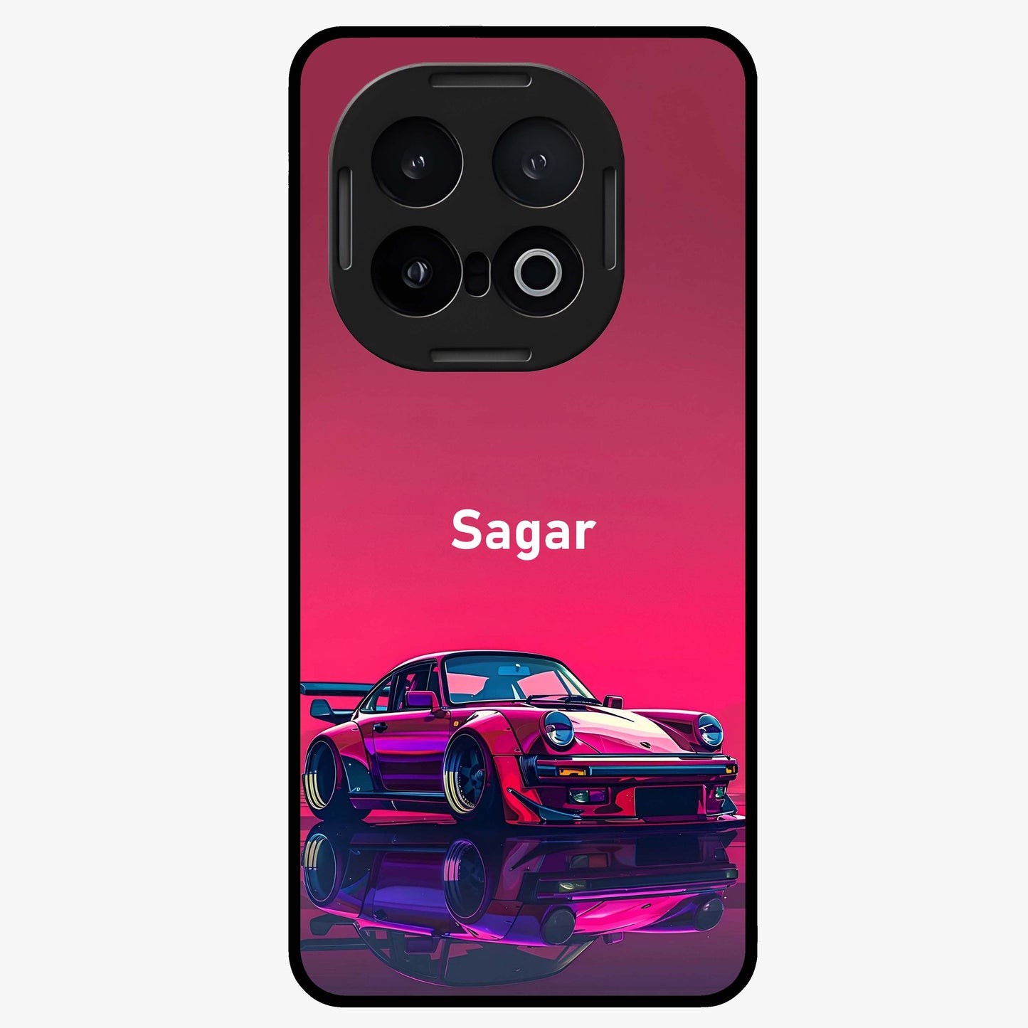 Neon Pink Porsche Glass Case showing flat back view with stylish sports car artwork and glossy glass finish.