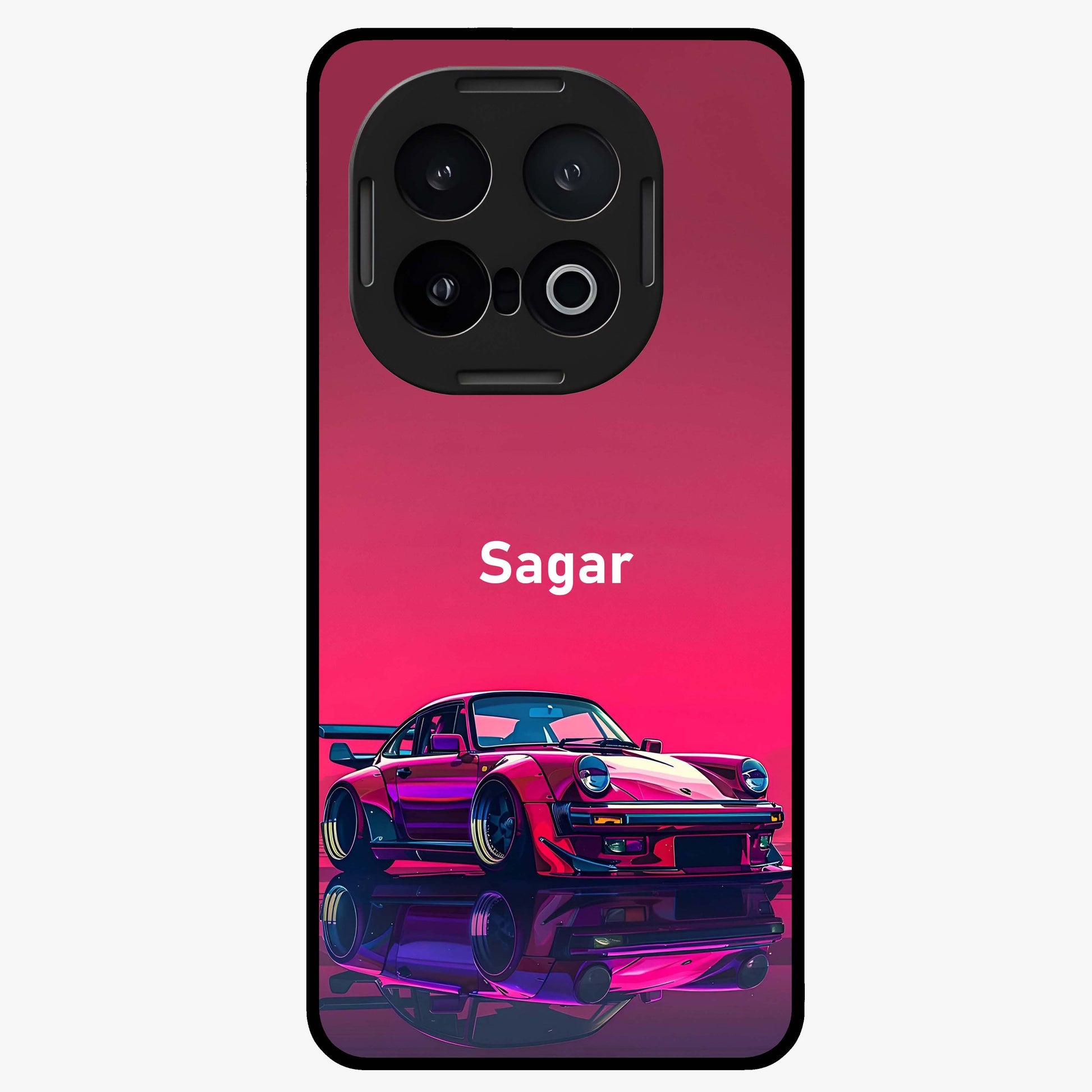 Neon Pink Porsche Glass Case showing flat back view with stylish sports car artwork and glossy glass finish.