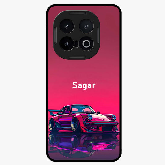 Neon Pink Porsche Glass Case showing flat back view with stylish sports car artwork and glossy glass finish.