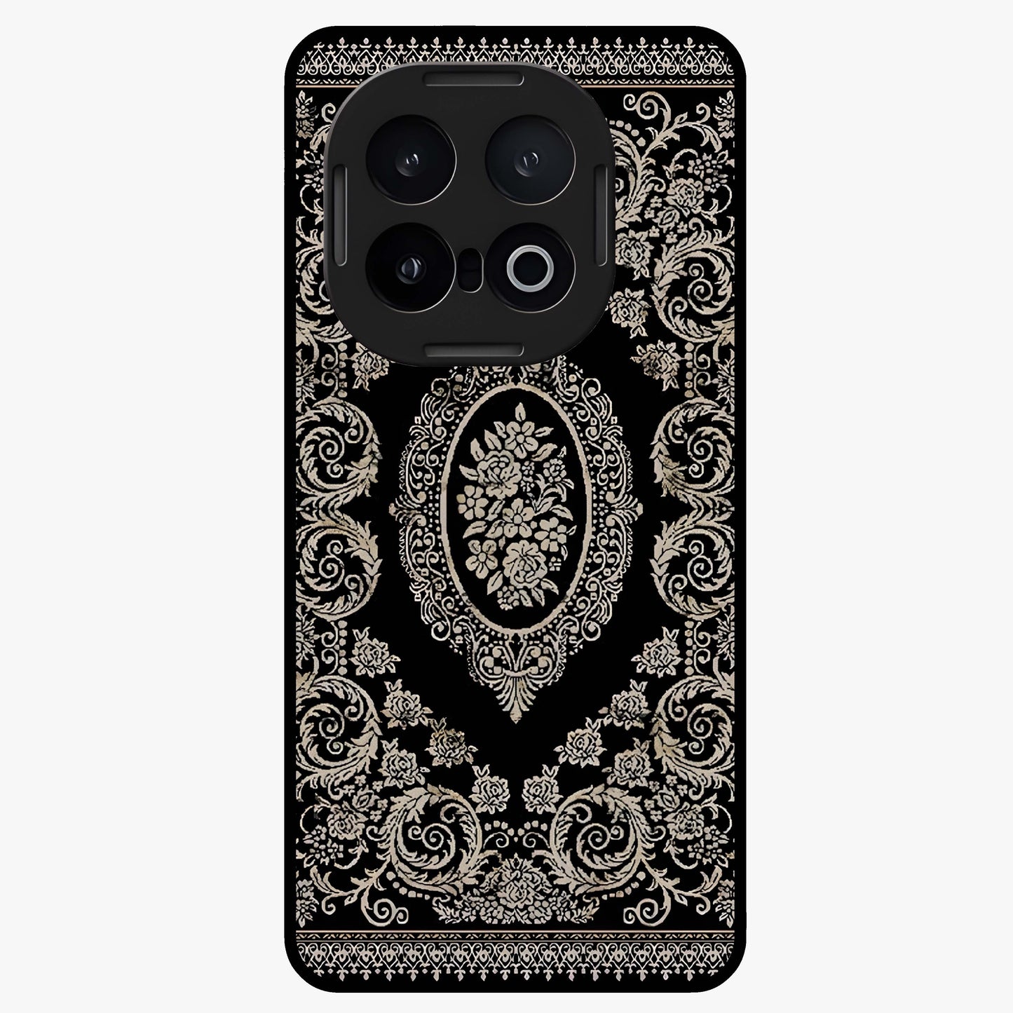 Noir Bloom Elegance Glass Case showing flat back view with elegant dark floral artwork and glossy glass finish.