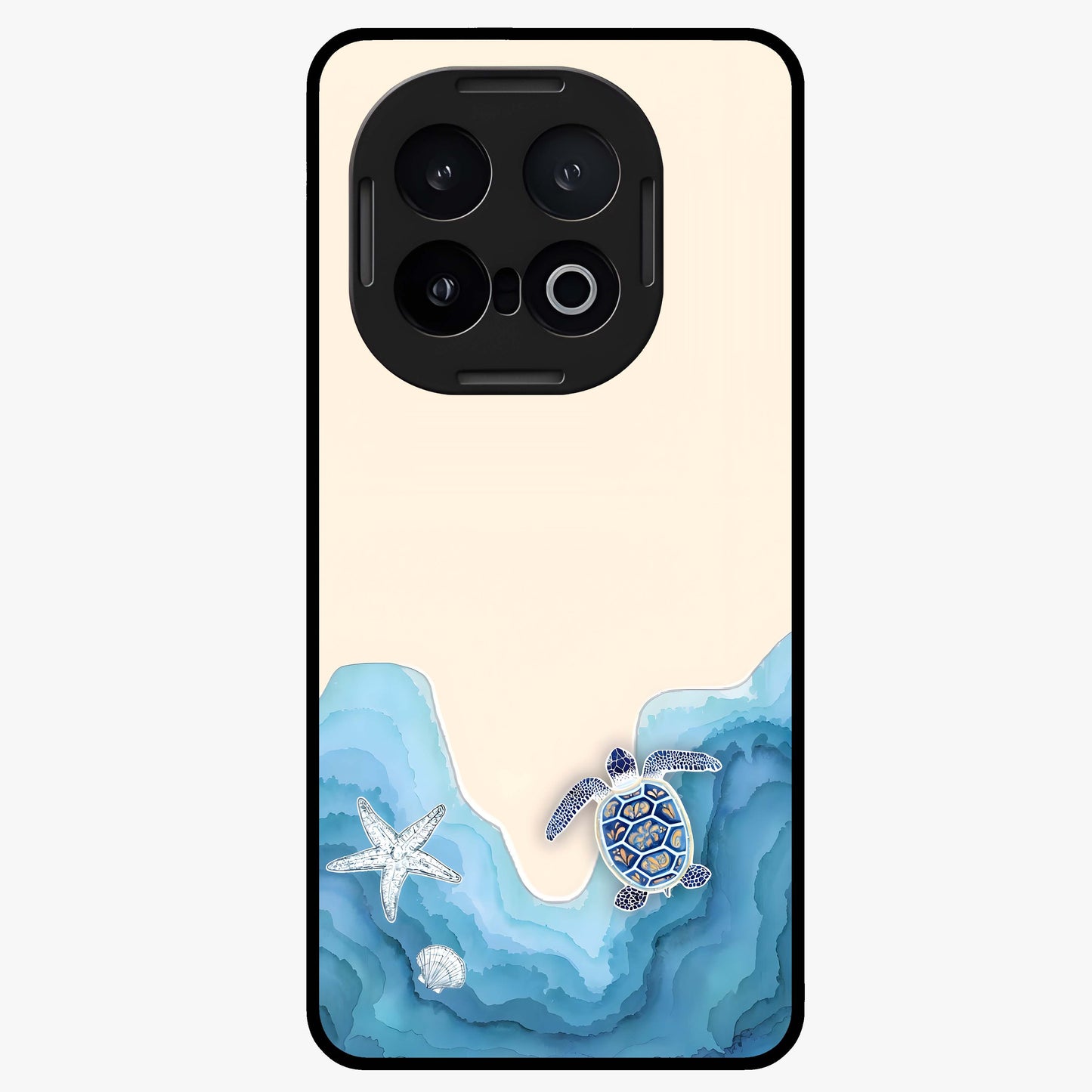 Ocean Drift Turtle Glass Case showing flat back view with sea turtle artwork and glossy glass finish.