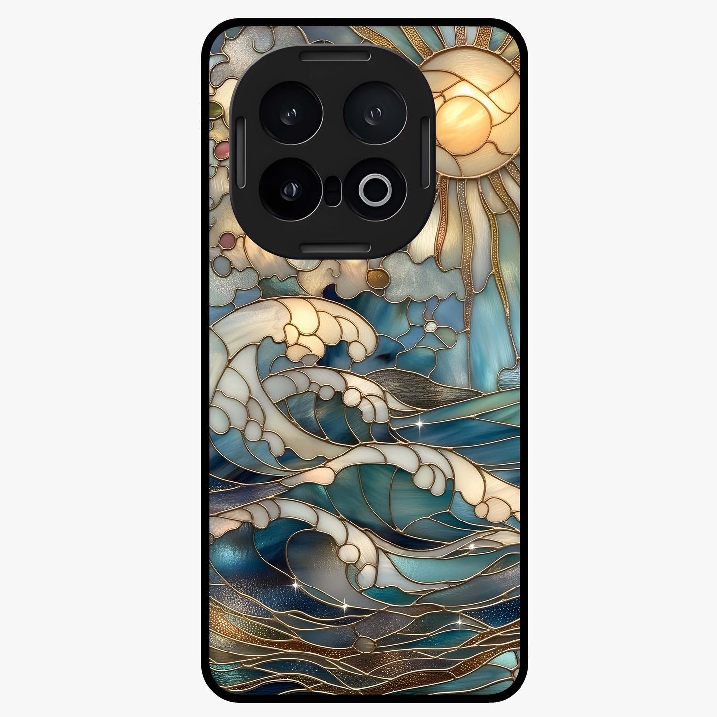 Oceanic Stained Printed Glass Case showing flat back view with ocean inspired stained pattern artwork and glossy glass finish.