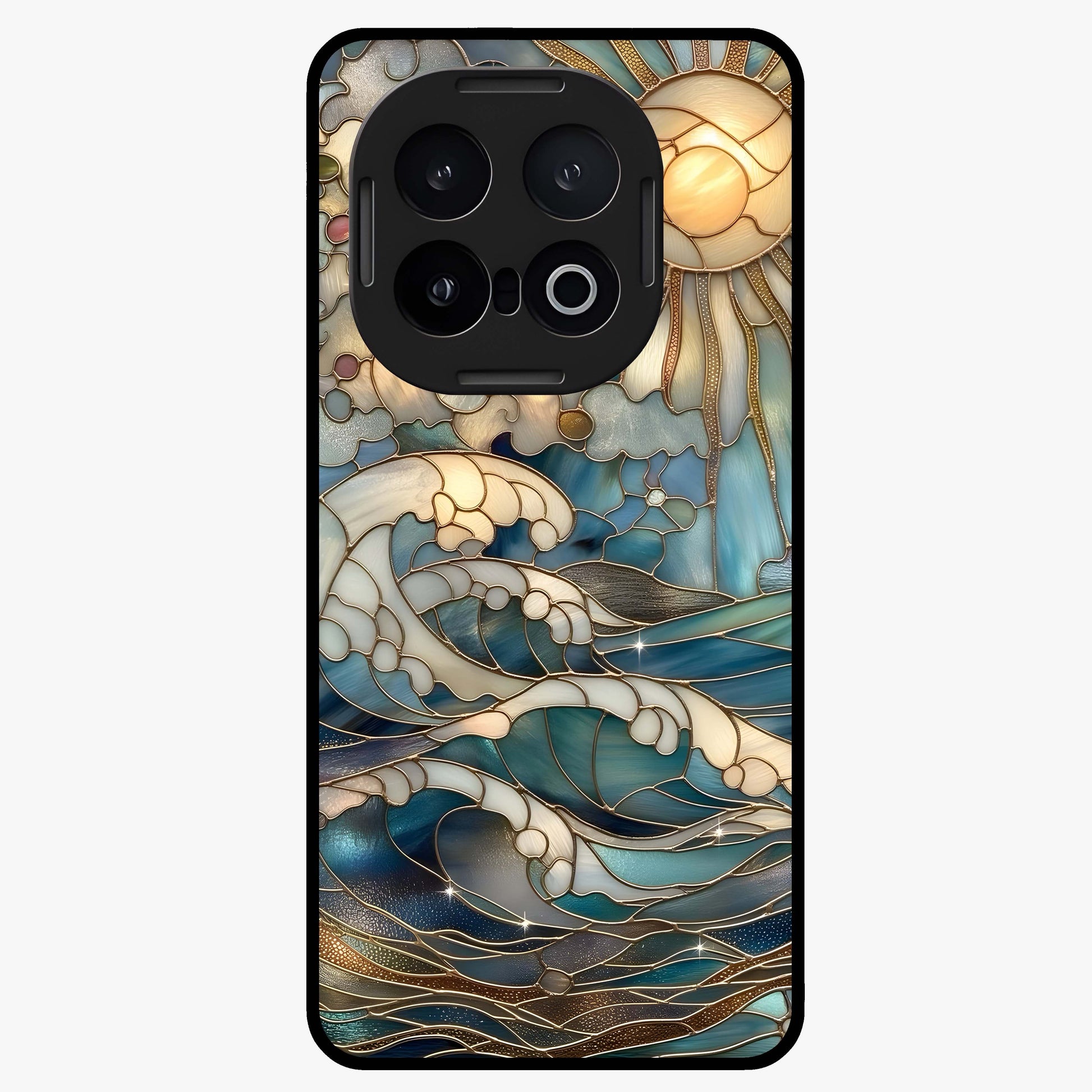 Oceanic Stained Printed Glass Case showing flat back view with ocean inspired stained pattern artwork and glossy glass finish.