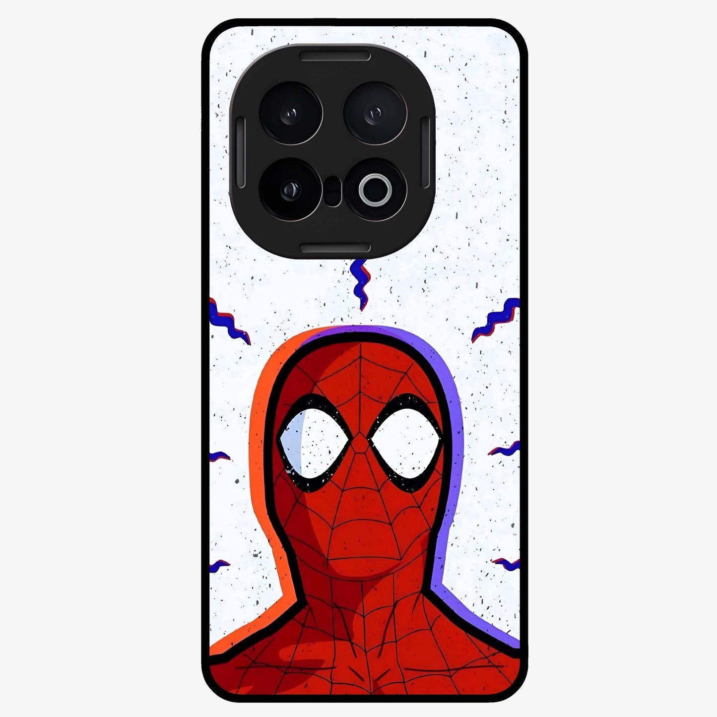 Omg Spiderman Glass Case showing flat back view with bold superhero inspired artwork and glossy glass finish.
