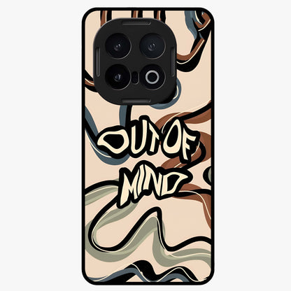 Out Of Mind Glass Case showing flat back view with expressive typography artwork and glossy glass finish.