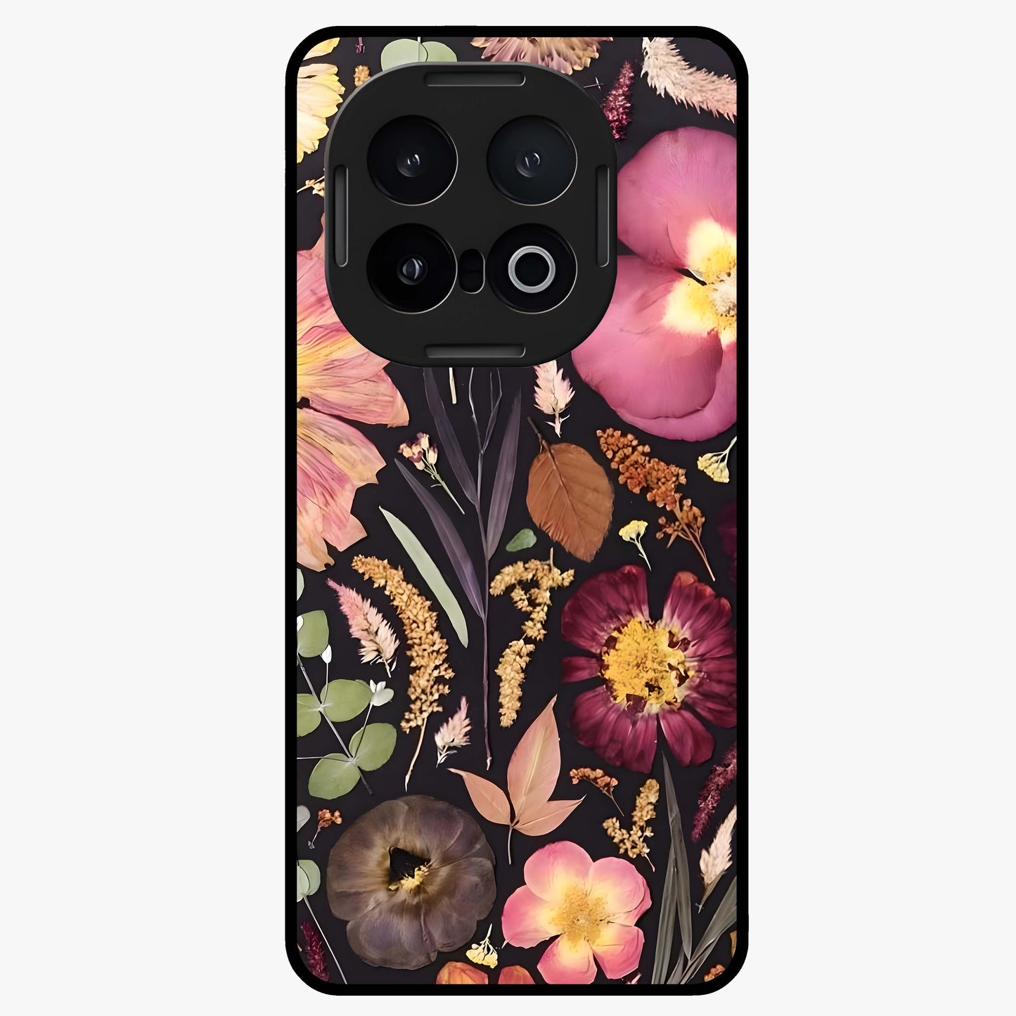 Petal Dream Tapestry Glass Case showing flat back view with intricate floral tapestry artwork and glossy glass finish.