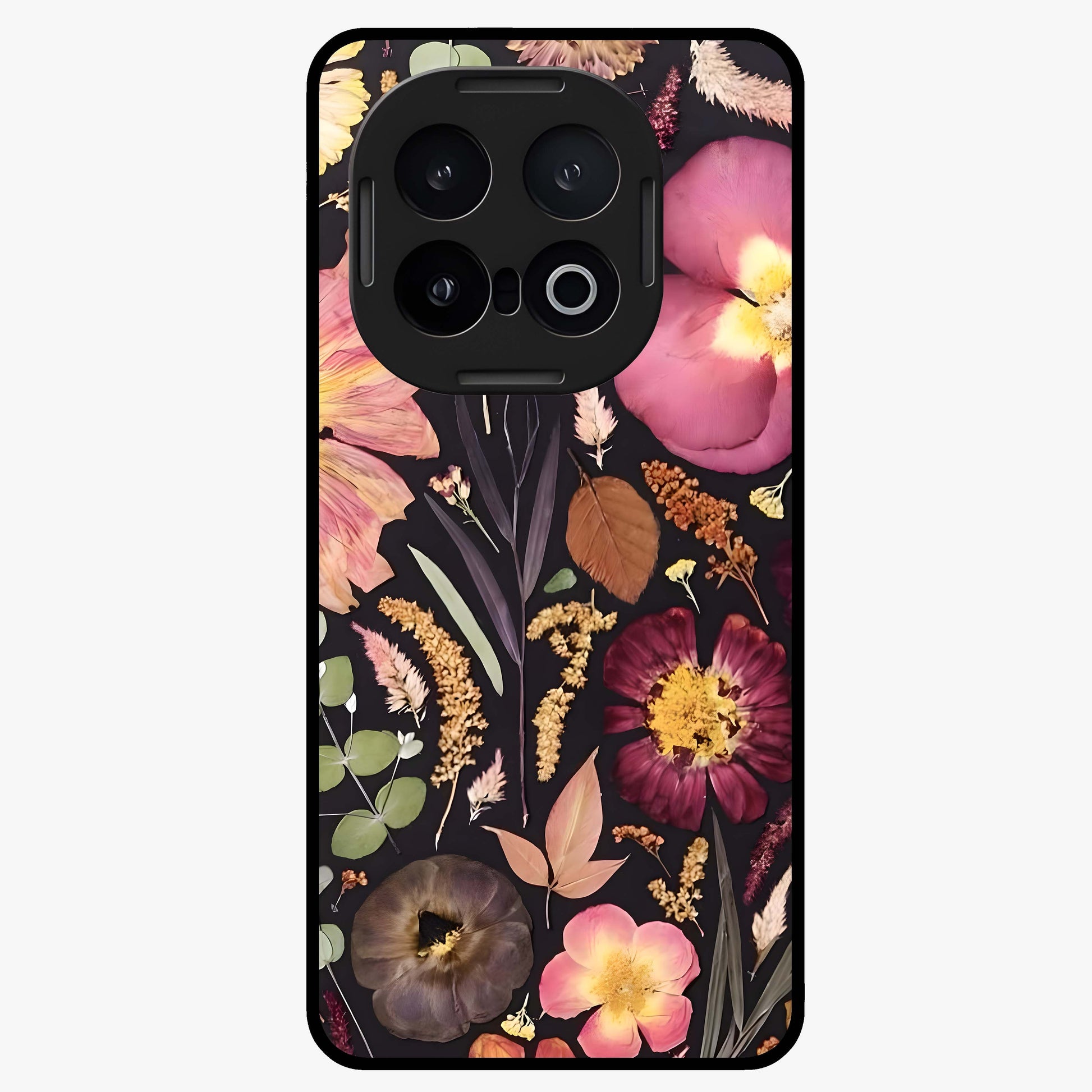 Petal Dream Tapestry Glass Case showing flat back view with intricate floral tapestry artwork and glossy glass finish.