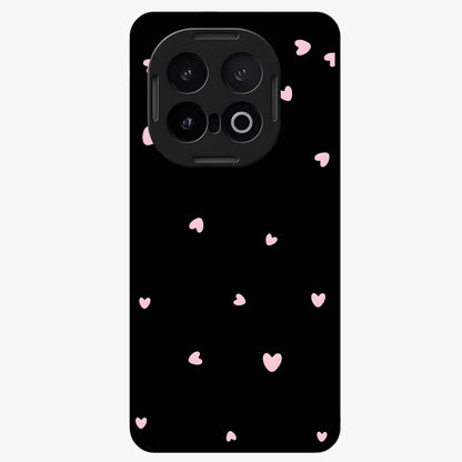 Pink Love Drops Glass Case showing flat back view with playful pink heart drops artwork and glossy glass finish.