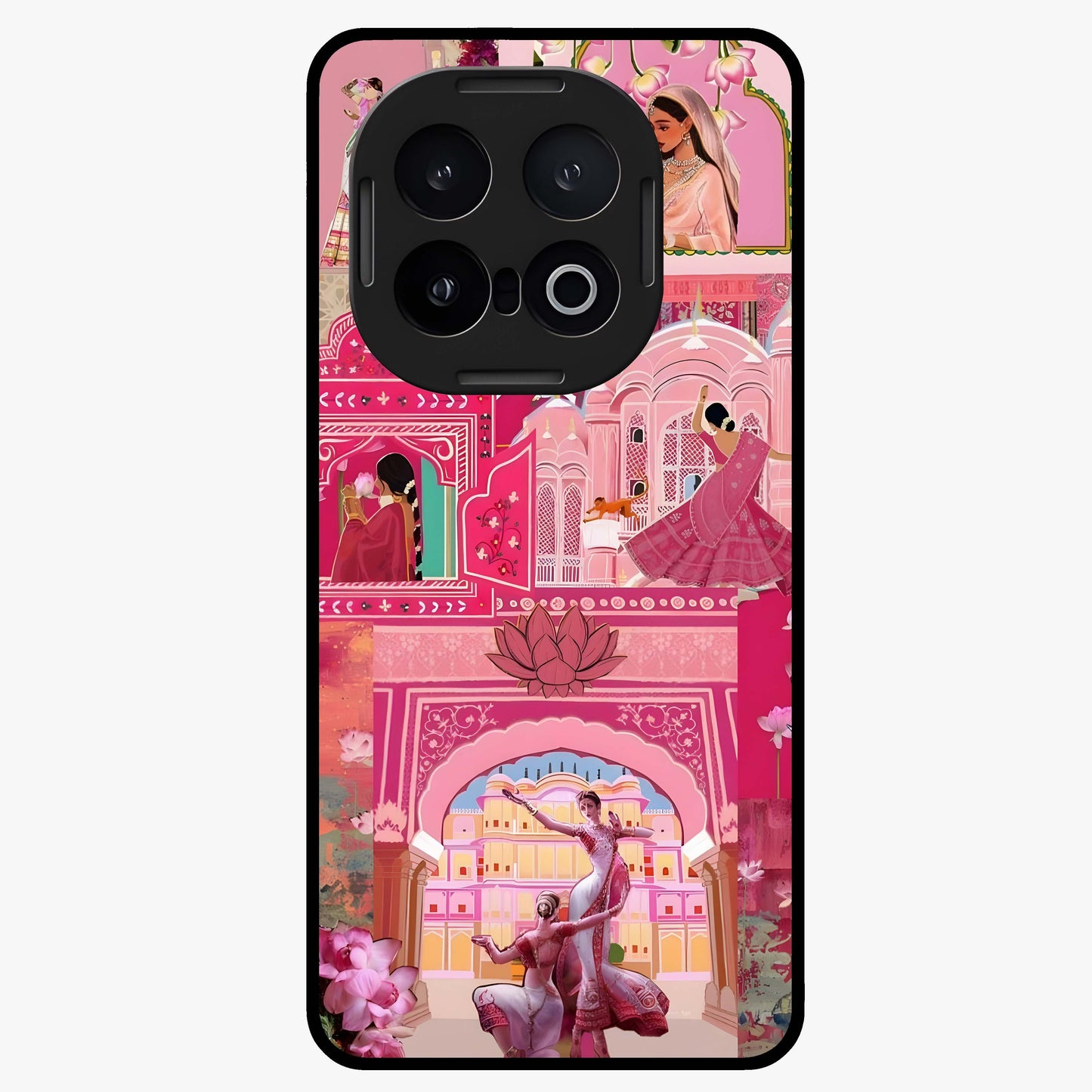 Pink Palace Muse Glass Case showing flat back view with elegant palace inspired artwork and glossy glass finish.