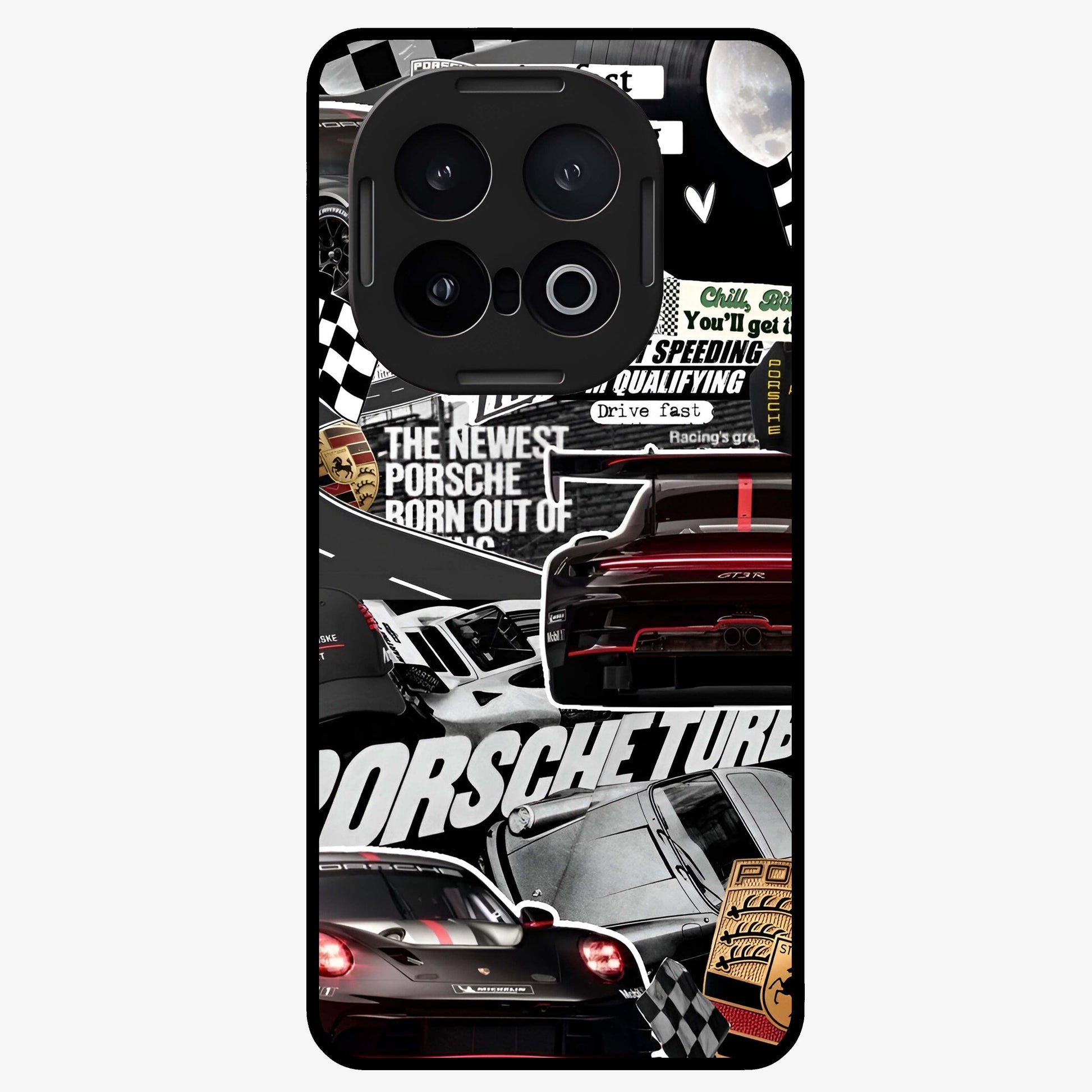 Porsche Racing Collage Glass Case showing flat back view with sports car racing collage artwork and glossy glass finish.