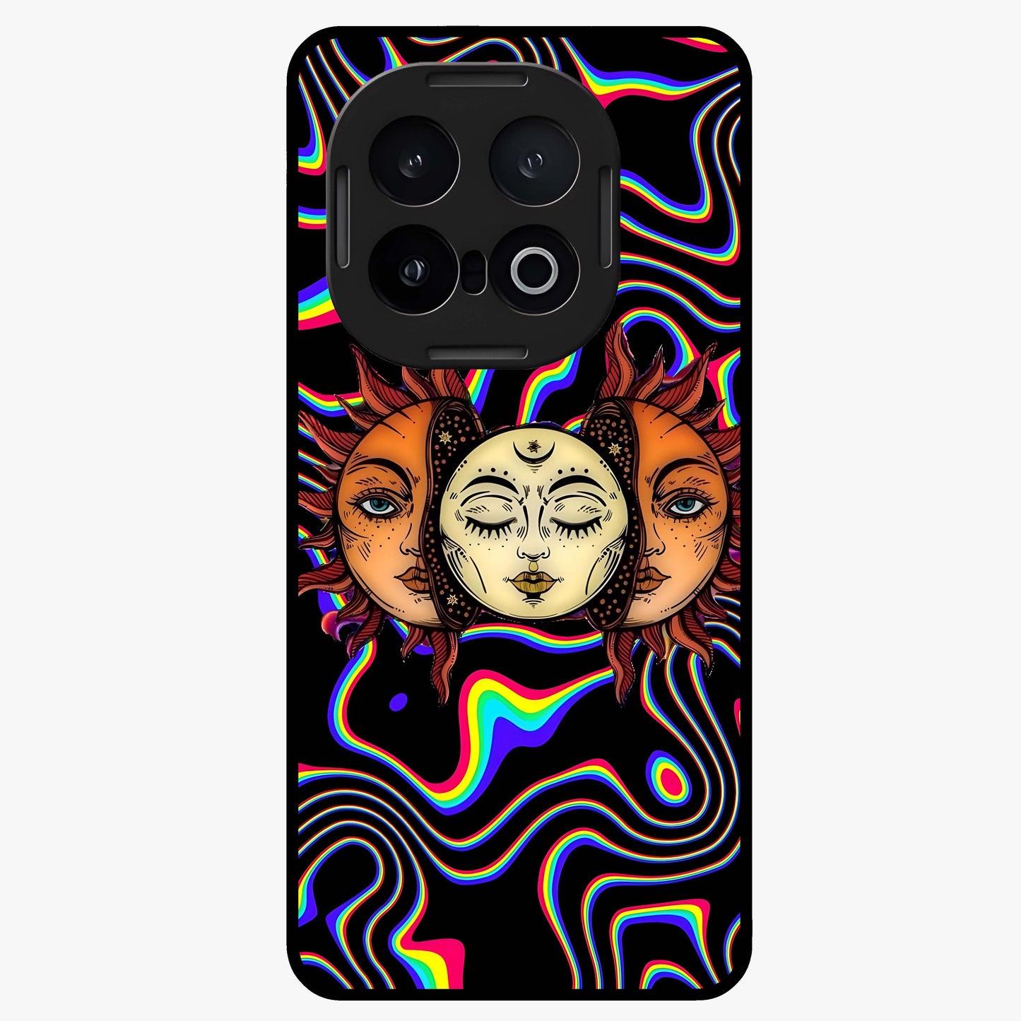 Psychedelic Sun Glass Case showing flat back view with colorful psychedelic sun artwork and glossy glass finish.