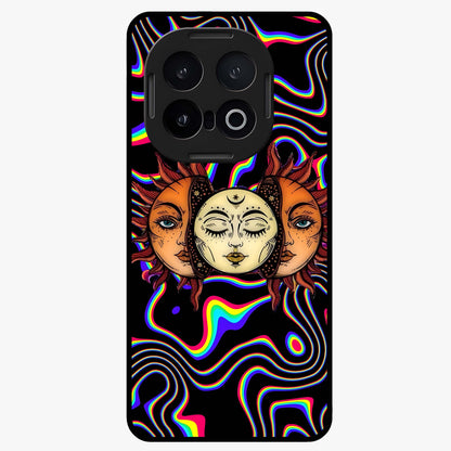 Psychedelic Sun Glass Case showing flat back view with colorful psychedelic sun artwork and glossy glass finish.