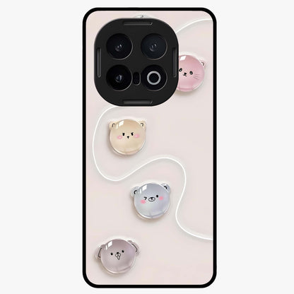 Puffy Face Parade Glass Case showing flat back view with cute puffy character faces artwork and glossy glass finish.