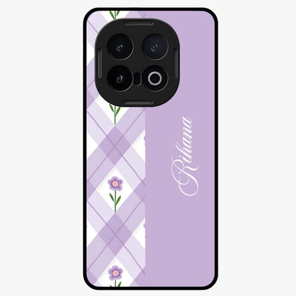 Purple Diamond Floral Glass Case showing flat back view with diamond shaped floral artwork and glossy glass finish.