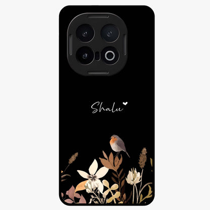 Quiet Garden Tune Custom Name Glass Case showing flat back view with peaceful garden artwork and personalized name design.