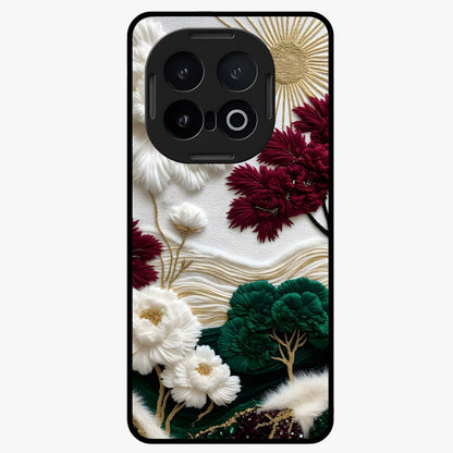 Radiant Bloom Elegance Glass Case showing flat back view with elegant blooming flower artwork and glossy glass finish.