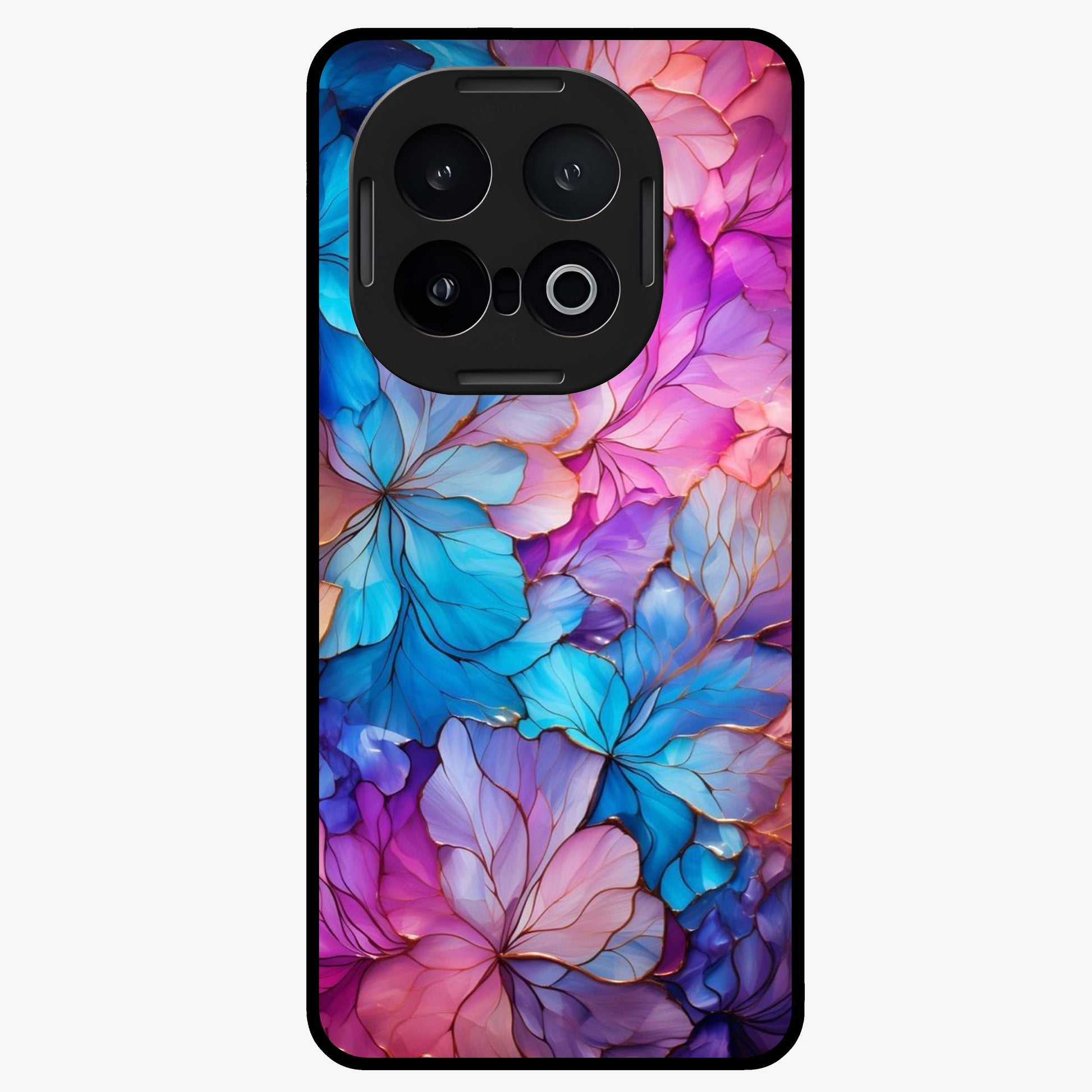 Radiant Floral Whirl Glass Case showing flat back view with swirling floral artwork and glossy glass finish.