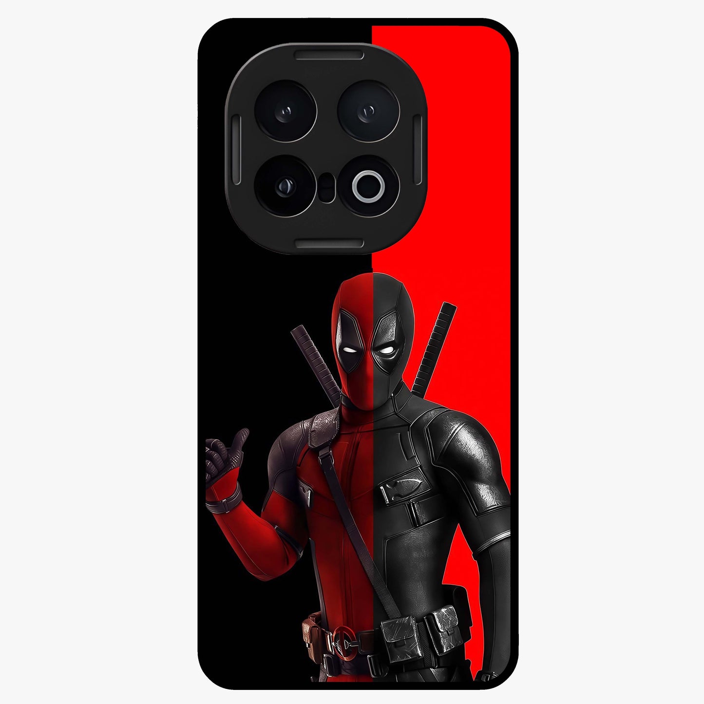 Red & Black Deadpool Theme Glass Case showing flat back view with bold comic inspired artwork and glossy glass finish.