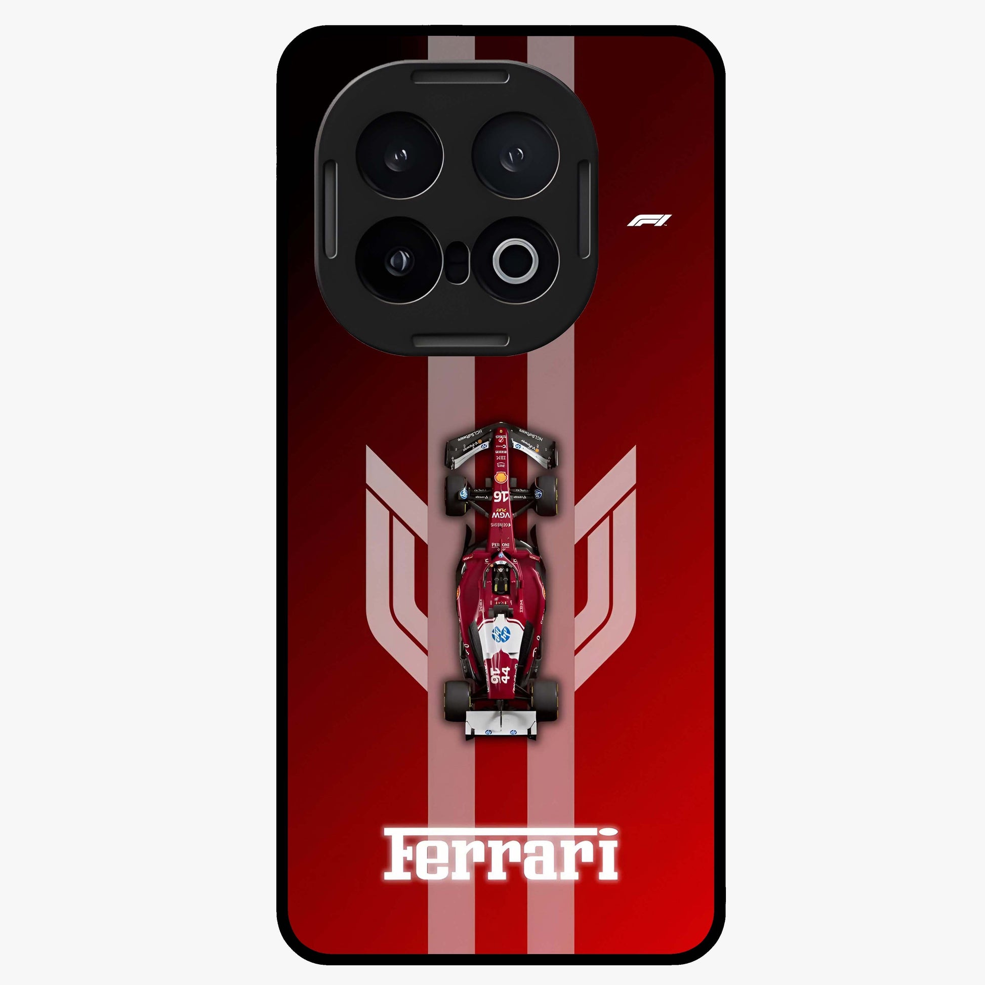 Red Ferrari F1 Vertical Glass Case showing flat back view with sleek Formula racing car artwork and glossy glass finish.