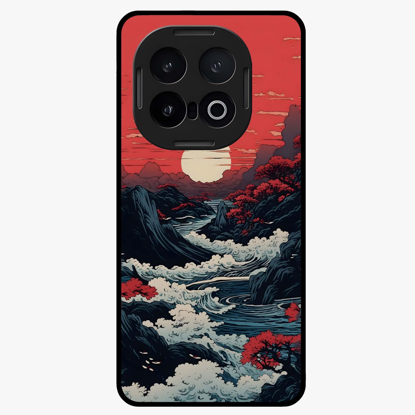 Red Sunset Scenery Glass Case showing flat back view with vibrant sunset landscape artwork and glossy glass finish.