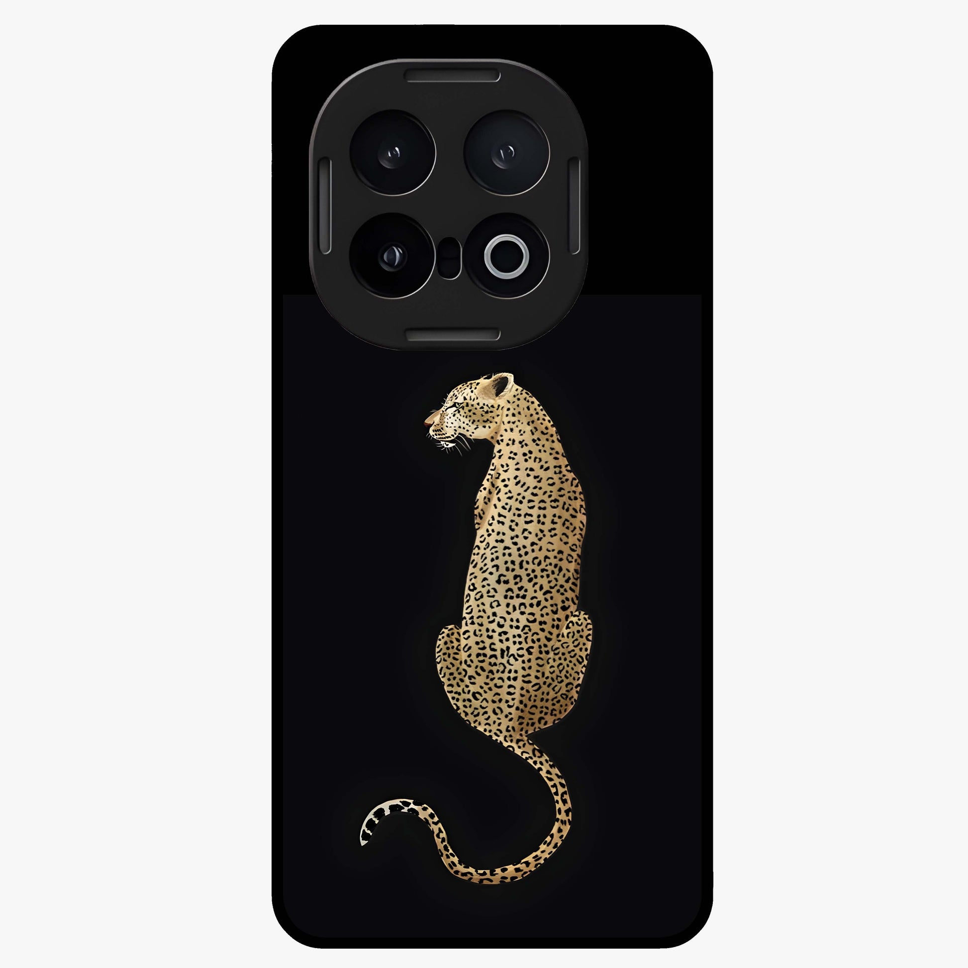 Regal Leopard Glass Case showing flat back view with bold leopard artwork and glossy glass finish.