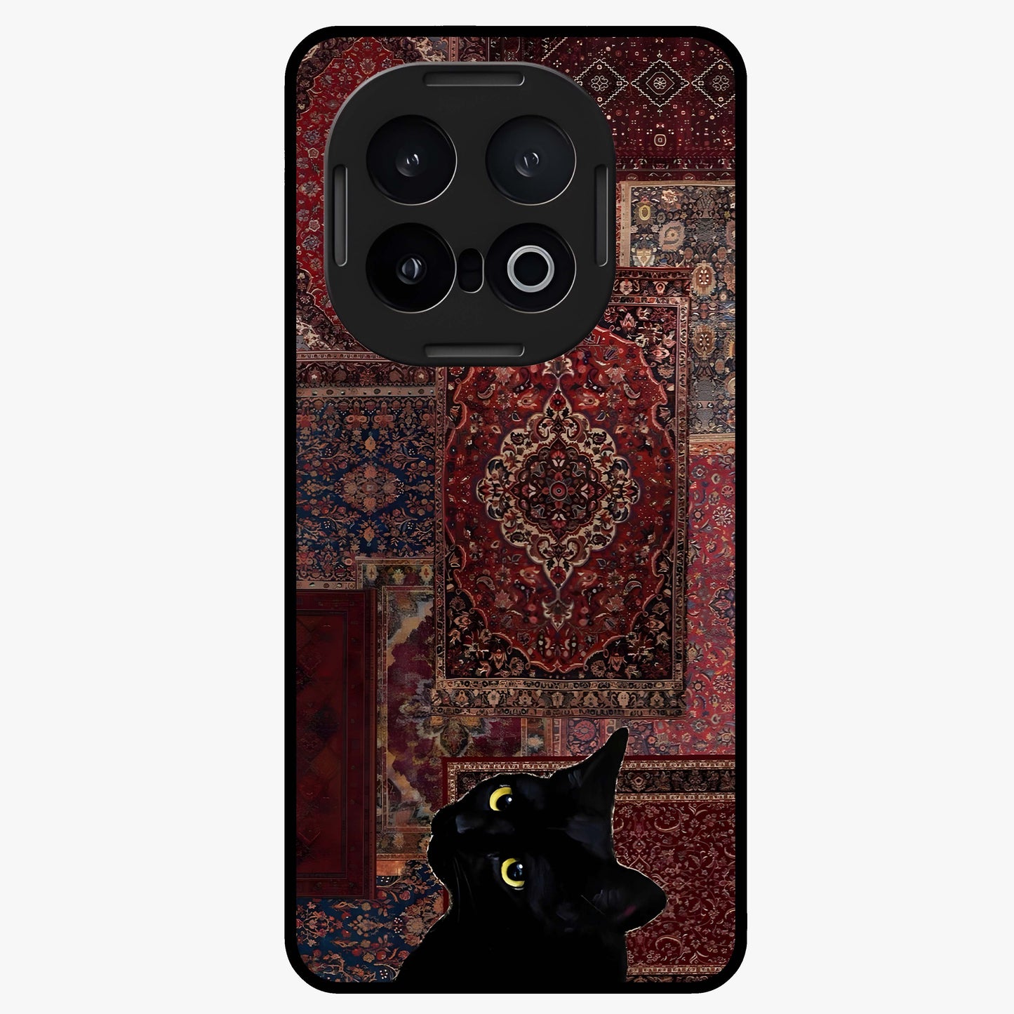 Regal Magic Cat Apple Glass Case showing flat back view with magical cat artwork holding apple and glossy glass finish.