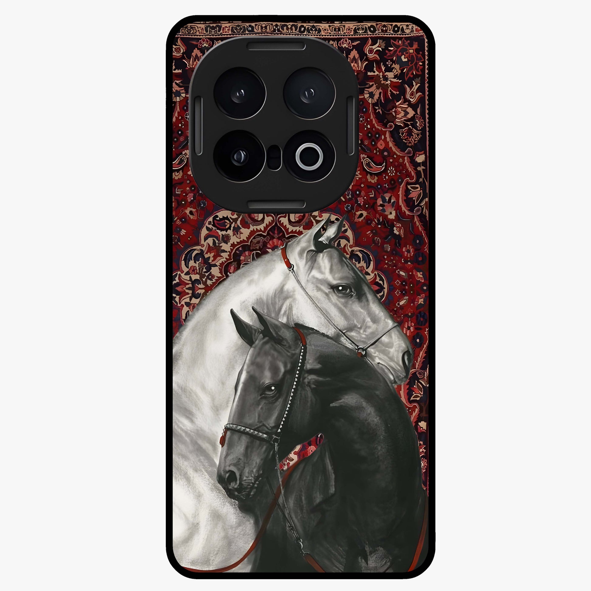 Regal Stallion Tapestry Glass Case showing flat back view with majestic horse tapestry artwork and glossy glass finish.
