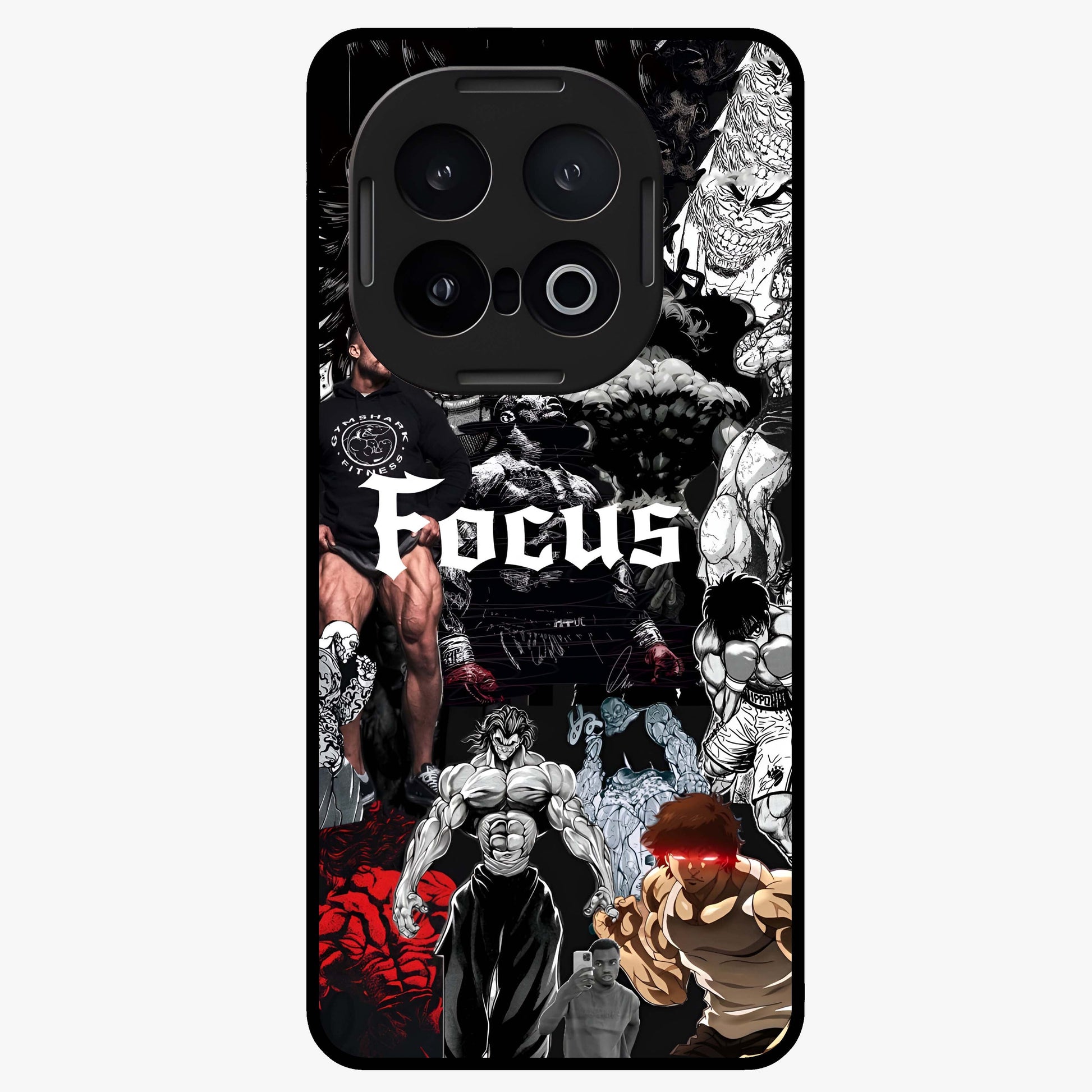 Relentless Power Focus Glass Case showing flat back view with motivational typography artwork and glossy glass finish.