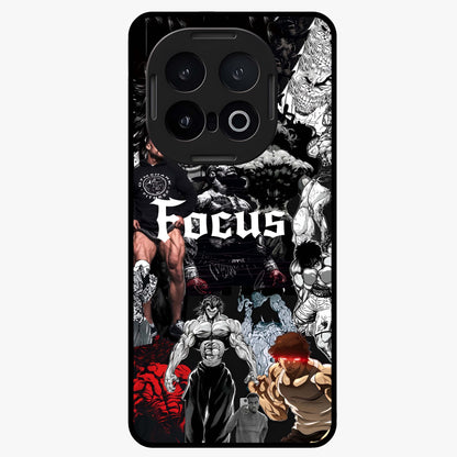 Relentless Power Focus Glass Case showing flat back view with motivational typography artwork and glossy glass finish.