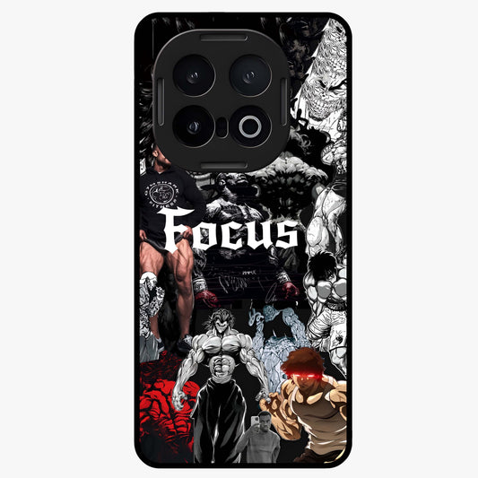 Relentless Power Focus Glass Case showing flat back view with motivational typography artwork and glossy glass finish.