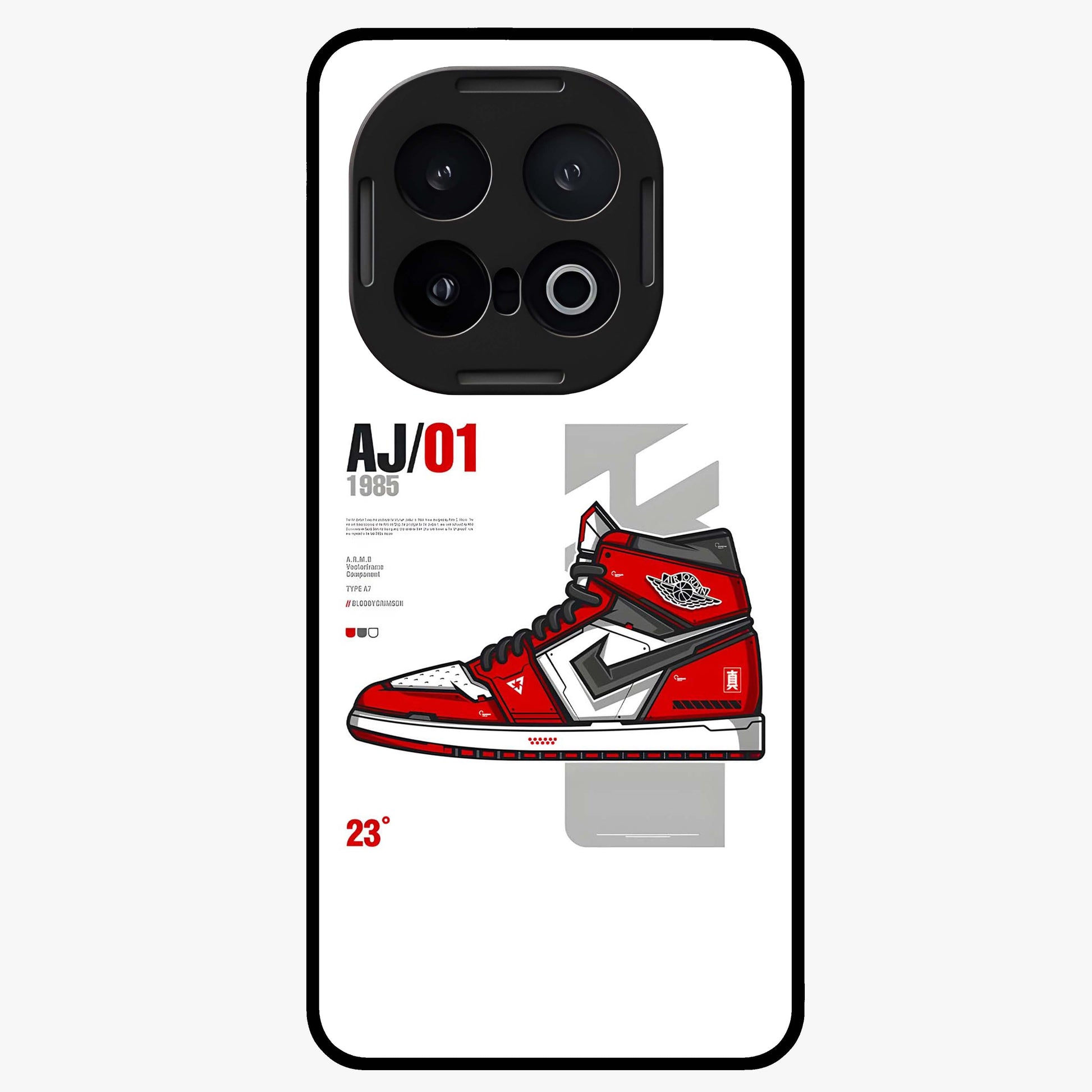 Retro Sneaker Blueprint Glass Case showing flat back view with sneaker blueprint style artwork and glossy glass finish.