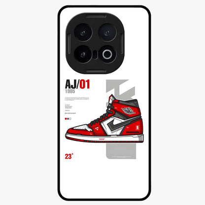Retro Sneaker Blueprint Glass Case showing flat back view with sneaker blueprint style artwork and glossy glass finish.