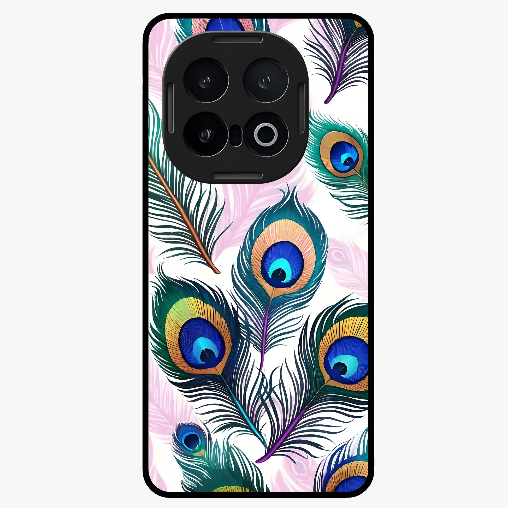 Royal Peacock Feathers Glass Case showing flat back view with colorful peacock feather artwork and glossy glass finish.