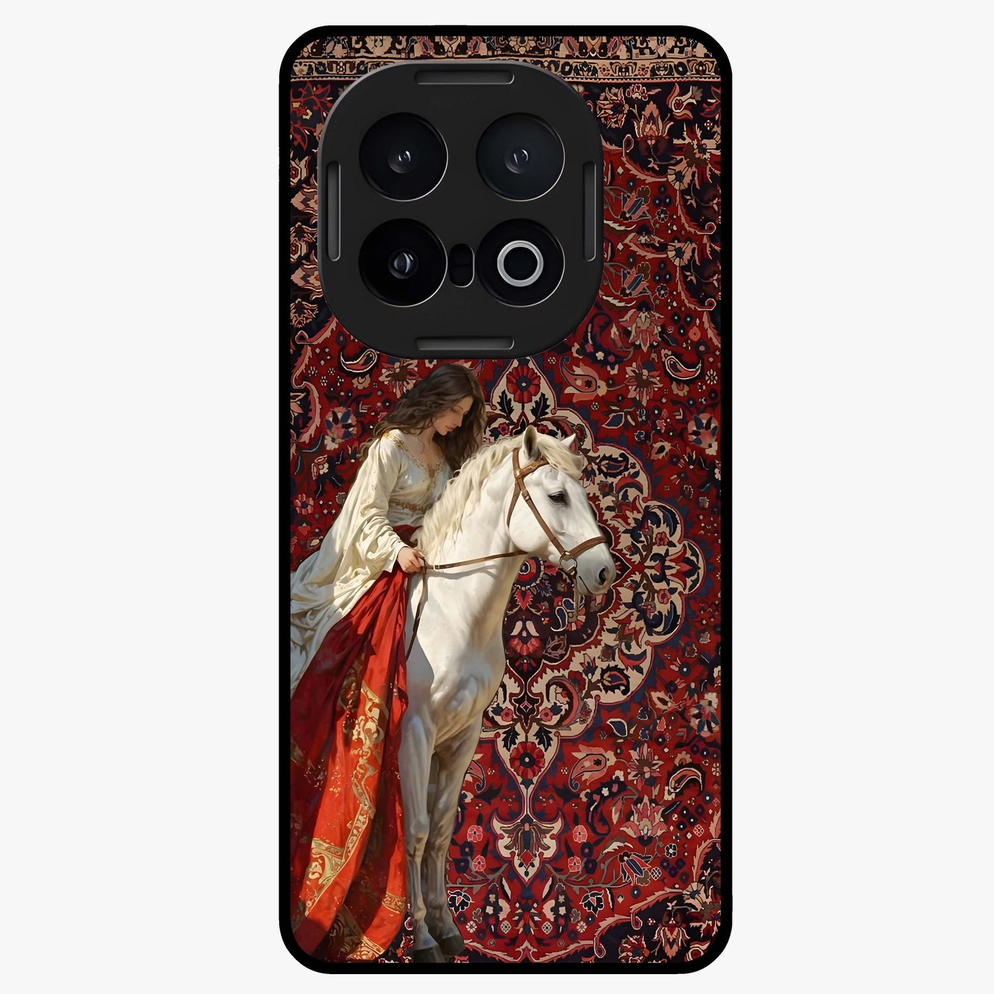 Royal Rider Tapestry Glass Case showing flat back view with majestic horse rider tapestry artwork and glossy glass finish.