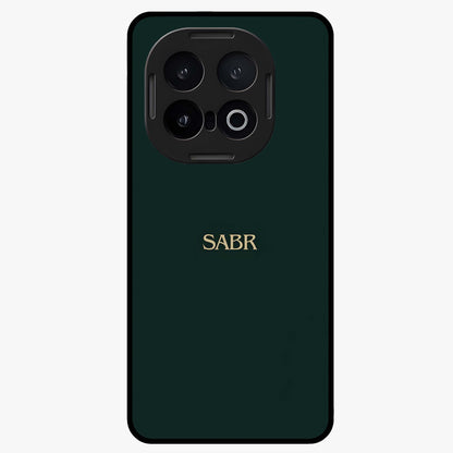 Sabr Minimal Patience Glass Case showing flat back view with minimalist typography artwork and glossy glass finish.