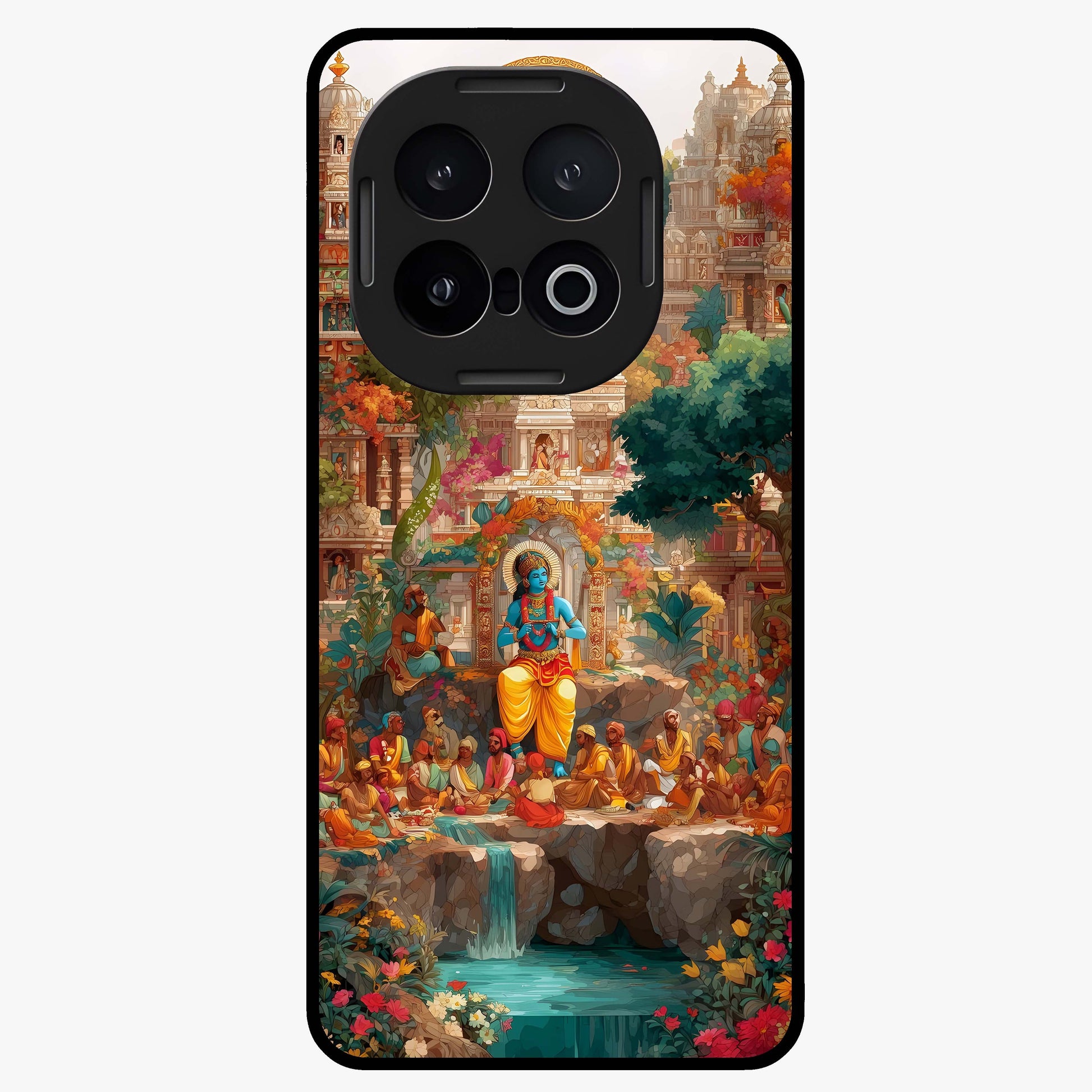 Sacred Sunlight Gods Glass Case showing flat back view with divine sunlight themed artwork and glossy glass finish.