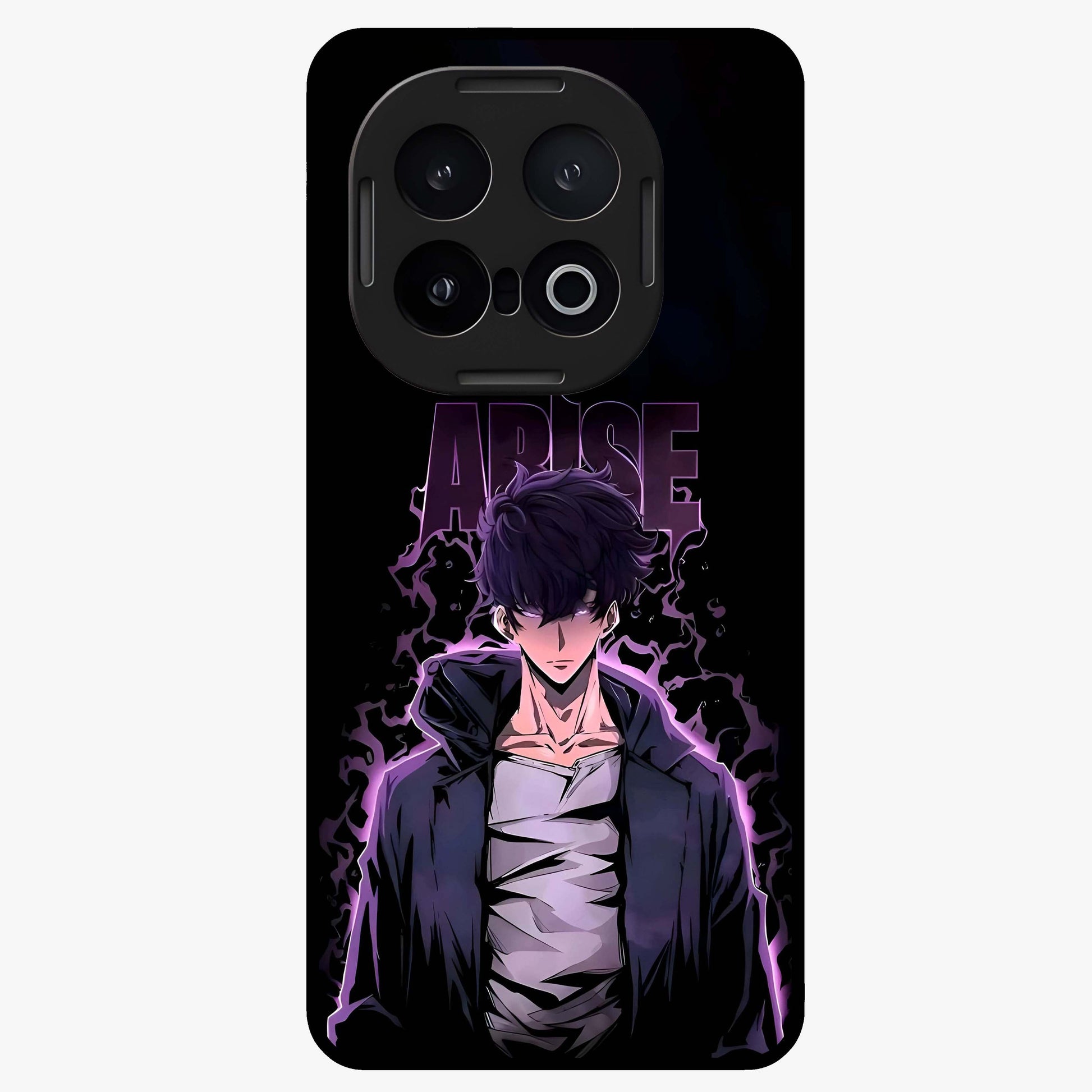 Shadow Monarch Awakening Glass Case showing flat back view with powerful dark monarch themed artwork and glossy glass finish.