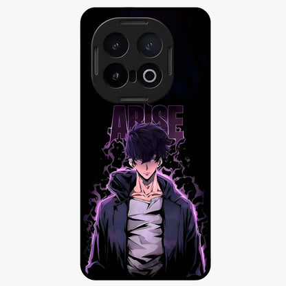 Shadow Monarch Awakening Glass Case showing flat back view with powerful dark monarch themed artwork and glossy glass finish.