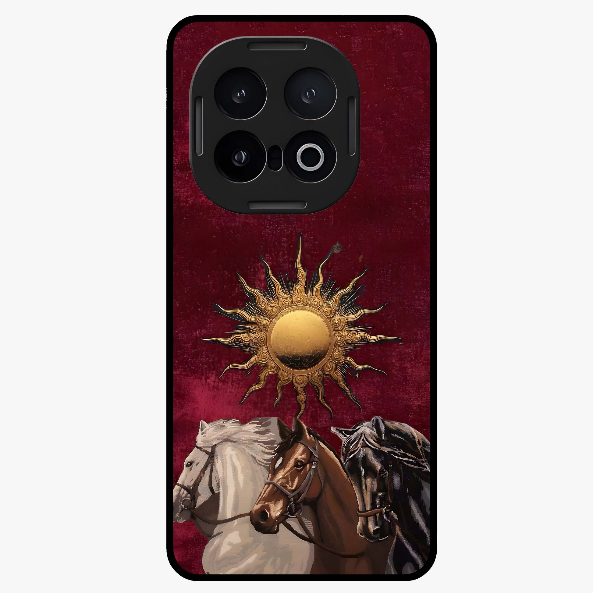 Solar Riders Glass Case showing flat back view with dynamic rider themed artwork and glossy glass finish.