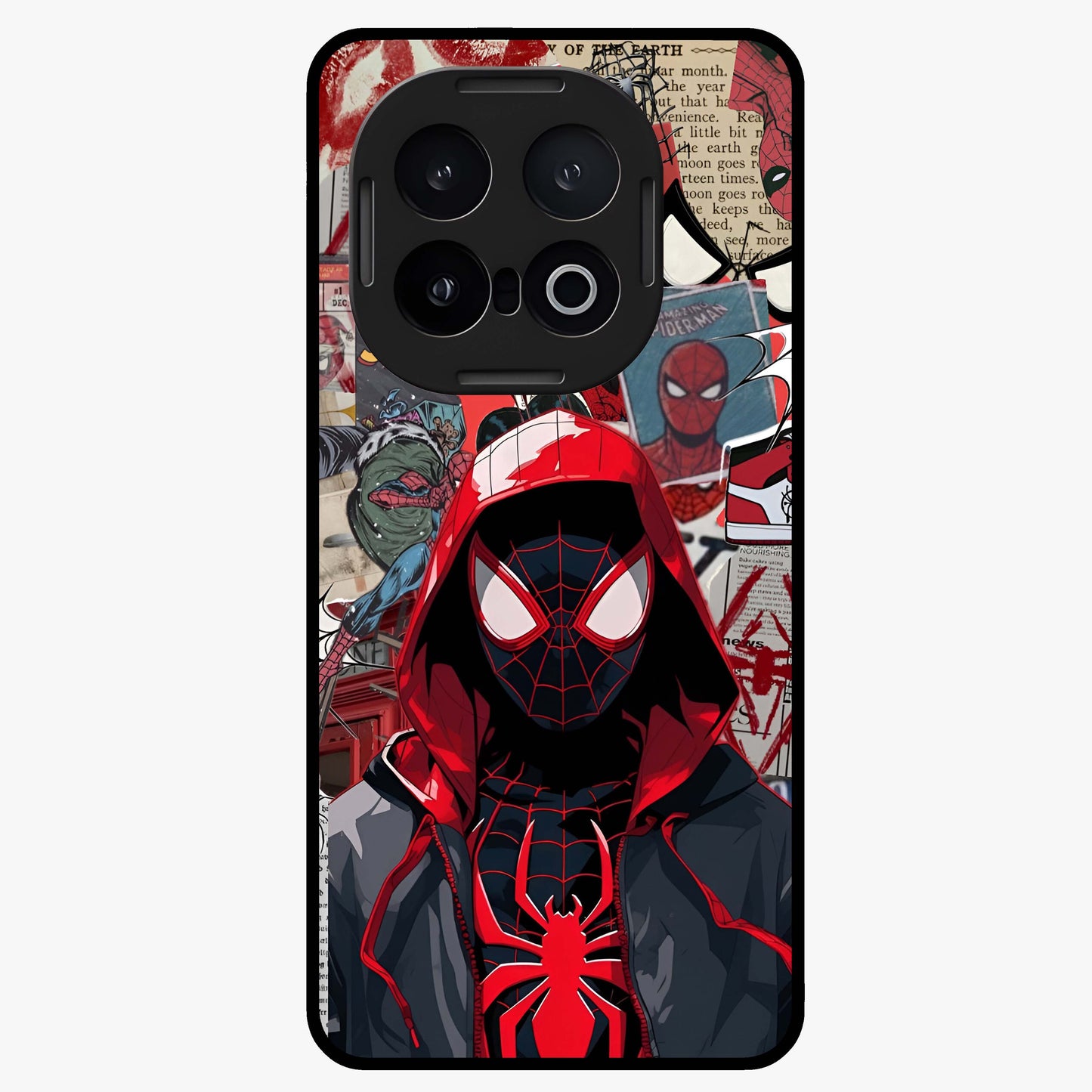 Spider Collage Street Glass Case showing flat back view with vibrant superhero collage artwork and glossy glass finish.