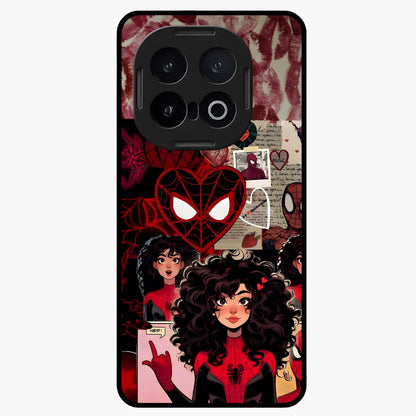 Spider Love Story Glass Case showing flat back view with romantic superhero themed artwork and glossy glass finish.