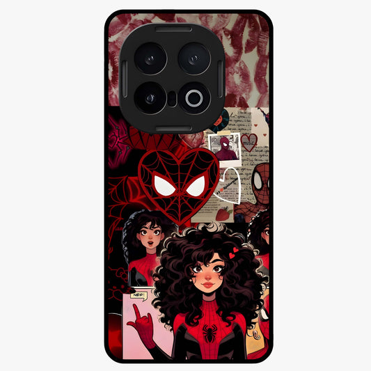 Spider Love Story Glass Case showing flat back view with romantic superhero themed artwork and glossy glass finish.