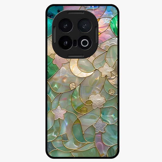 Stained Sunrise Glow Glass Case showing flat back view with glowing sunrise stained pattern artwork and glossy glass finish.