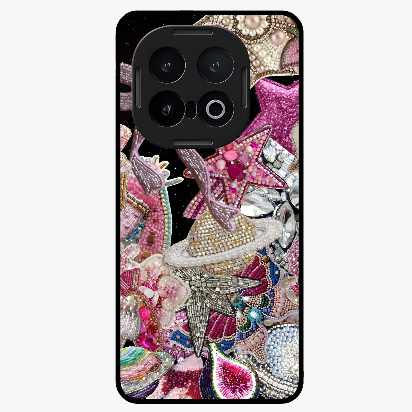 Starlit Jewel Dream Glass Case showing flat back view with sparkling jewel and star themed artwork and glossy glass finish.