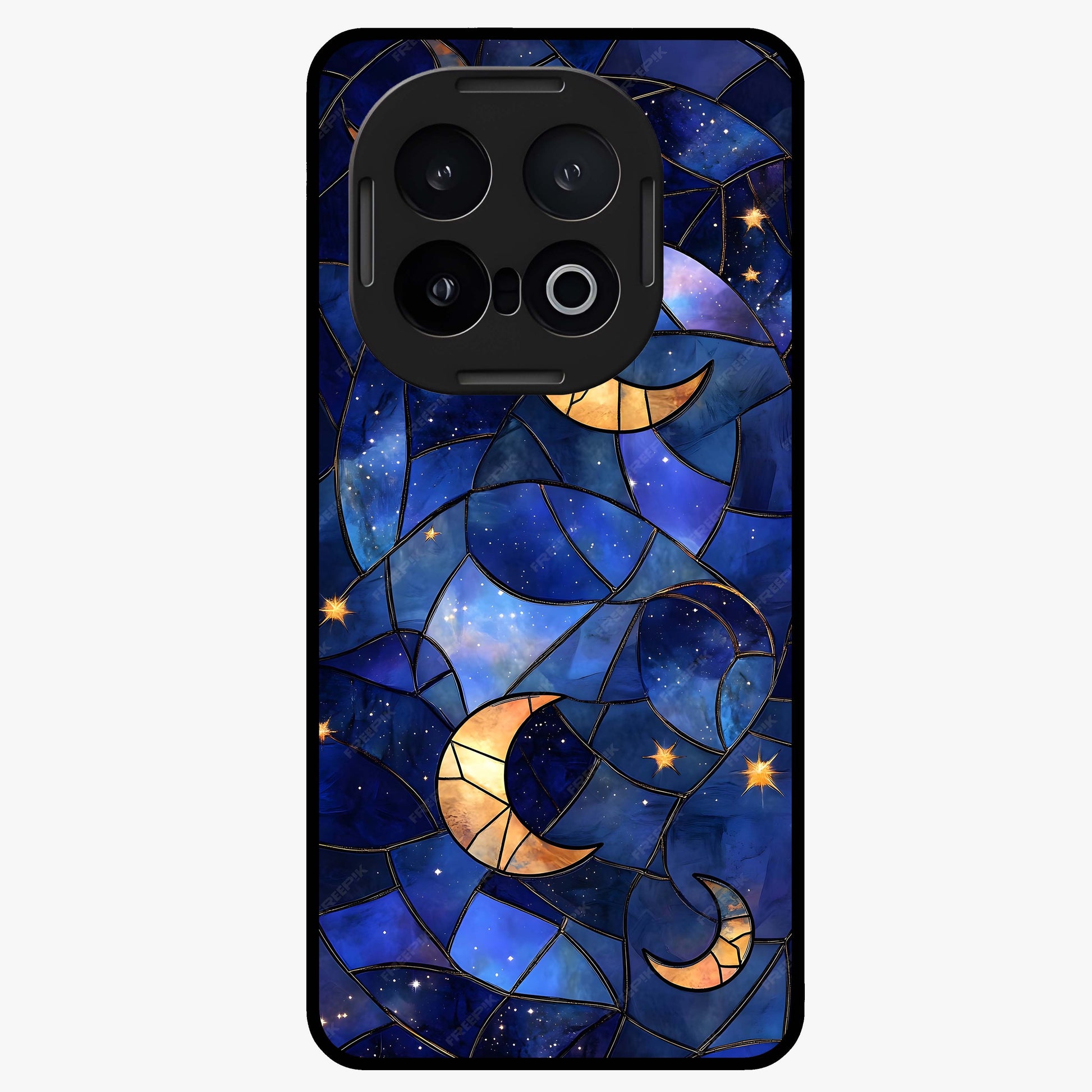 Starlit Sky Tapestry Glass Case showing flat back view with decorative starry sky tapestry artwork and glossy glass finish.