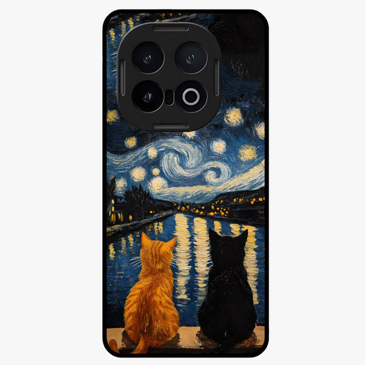 Starry River Cats Glass Case showing flat back view with cats by a starry river artwork and glossy glass finish.