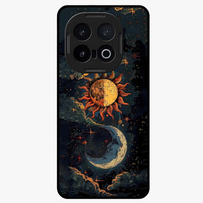 Sun And Moon Magic Design Glass Case showing flat back view with mystical sun and moon artwork and glossy glass finish.