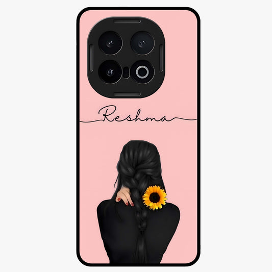 Sunflower Braid Beauty With Custom Name Glass Case showing flat back view with sunflower braid artwork and personalized name design.