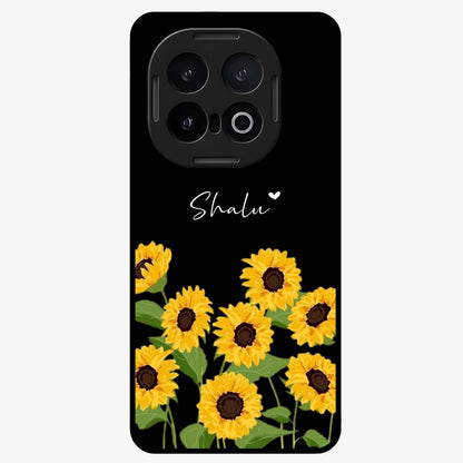 Sunflower Chic Mood Custom Name Glass Case showing flat back view with stylish sunflower artwork and personalized name design.